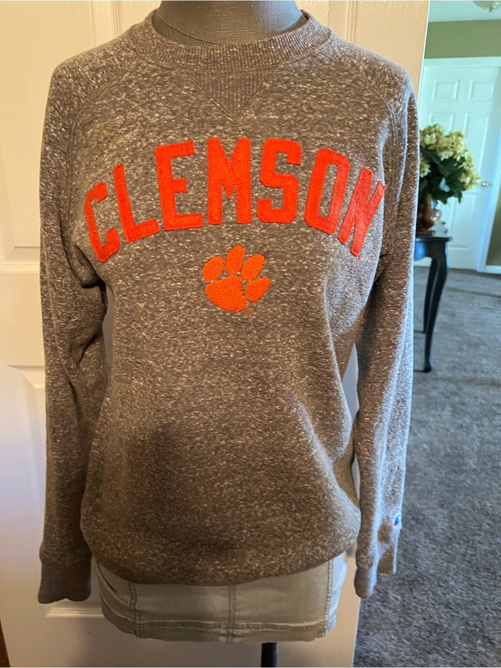 Clemson Champion Gray Crewneck Sweatshirt with Orange Clemson Applique